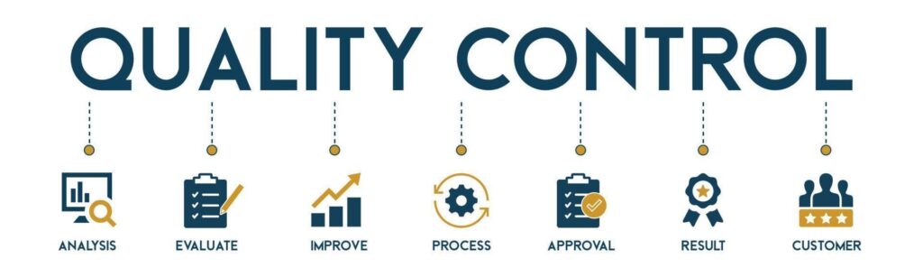 "Quality control process illustration showcasing key stages: analysis with bar charts, evaluation with a checklist, processing with a gear icon, improvement with process updates, approval with document verification, and results leading to satisfied customers. The workflow's accuracy and precision are highlighted by a magnifying glass.