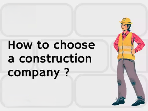 “Illustration of a construction worker with the text ‘How to choose a construction company?’ on a light background”