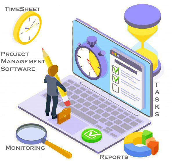 “Illustration of project management software with laptop, checklist, stopwatch, magnifying glass, time tracking, tasks, monitoring, and reporting tools”