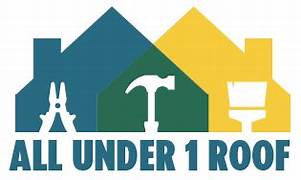 “All Under One Roof logo featuring three house icons with tools including pliers, hammer, and paintbrush, symbolising complete construction, interior, and renovation services.”