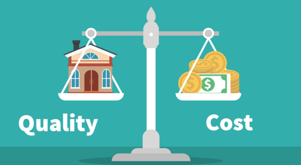 “Scale balancing home quality and construction costs, symbolizing the trade-off between quality and budget in building projects.”