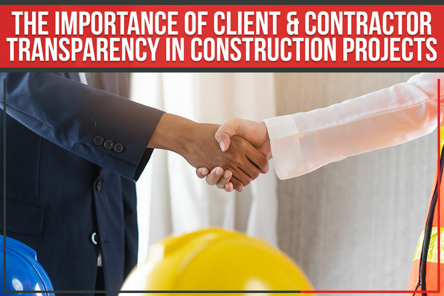 "A contractor and client shaking hands, symbolising trust and transparency in construction projects, with banner text reading 'The Importance of Client & Contractor Transparency in Construction Projects'."